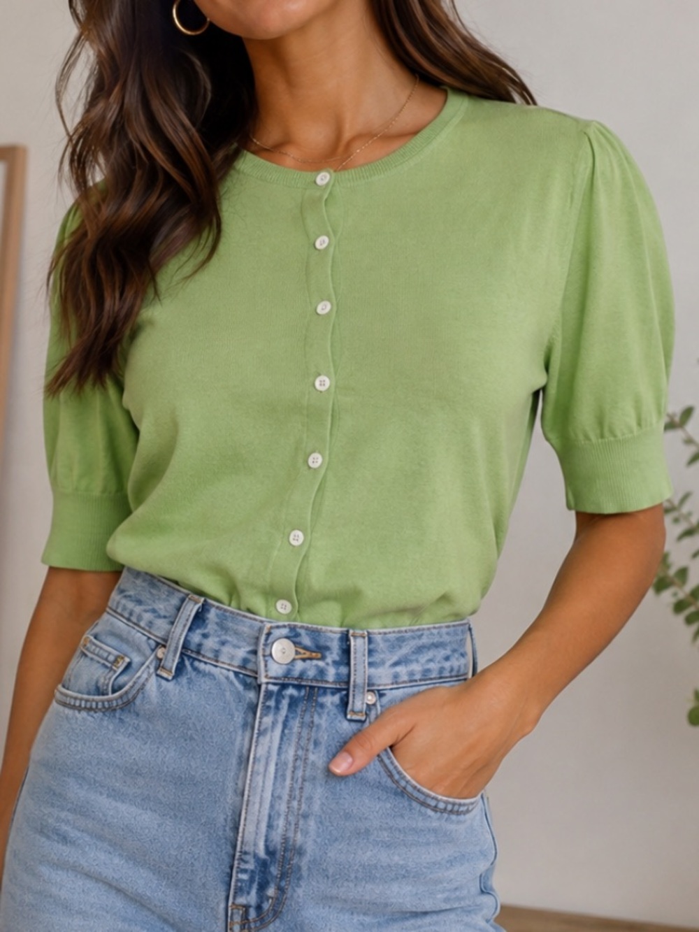 DKNY Vintage Y2K Lime Green Half Sleeve Buttoned Cardigan Large